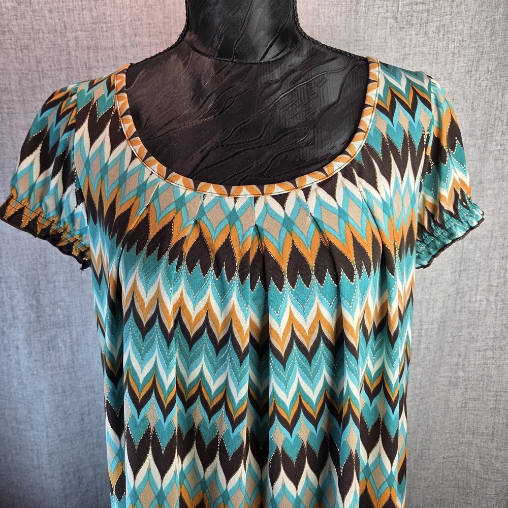 Y2K Teal Cream Chevron Aztec Print Blouse XL Scoop Neck B Wear Tunic VTG Retro